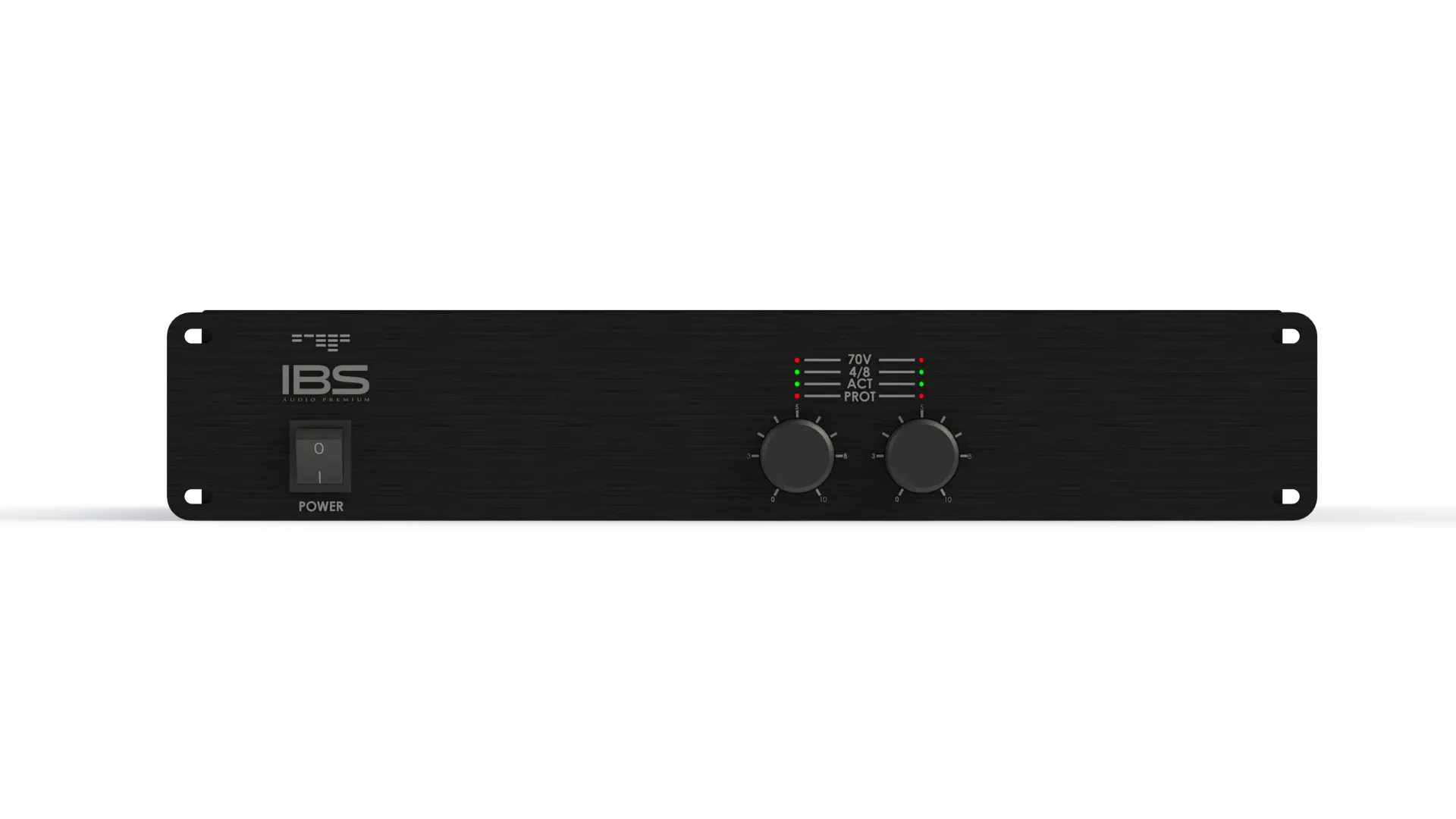Amplificador IBS PA-2150 de linha 70V, vista frontal com display LED